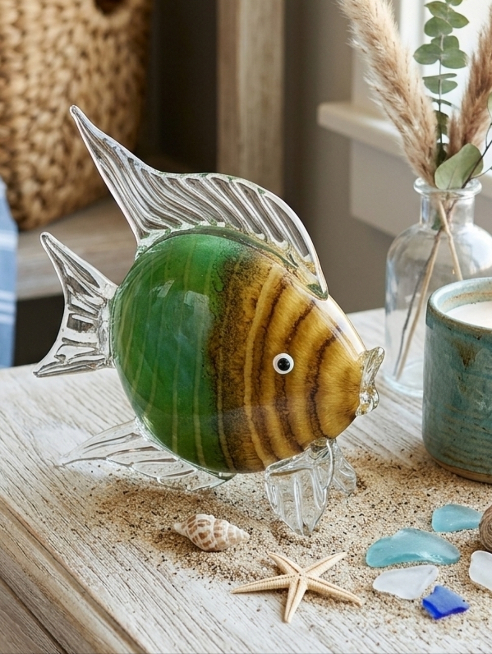 Vintage Handmade Blown Glass Tropical Fish Figurine - 9” x 9” Green & Amber